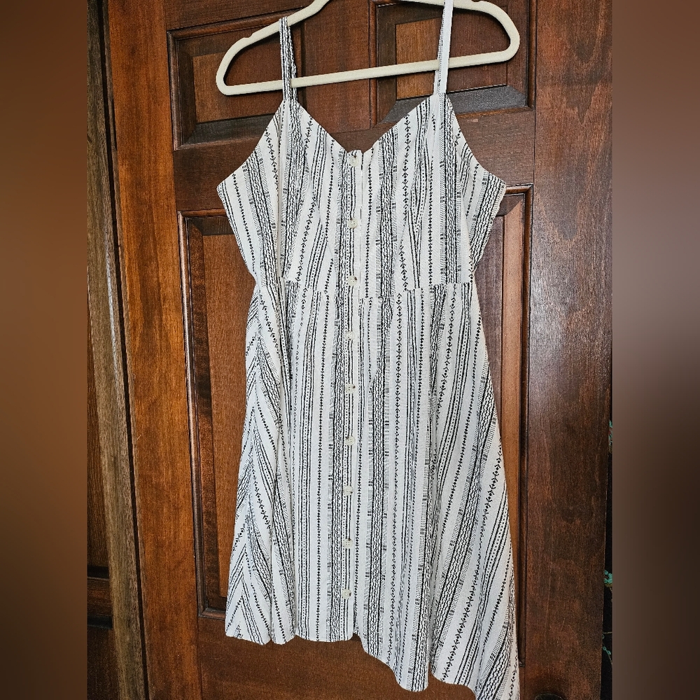 Old Navy White & Black Striped Spaghetti Strap Linen Mini Dress